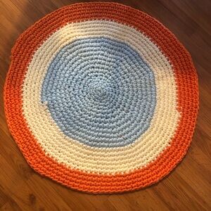 Round Crochet Door Mat in Blue, White & Orange